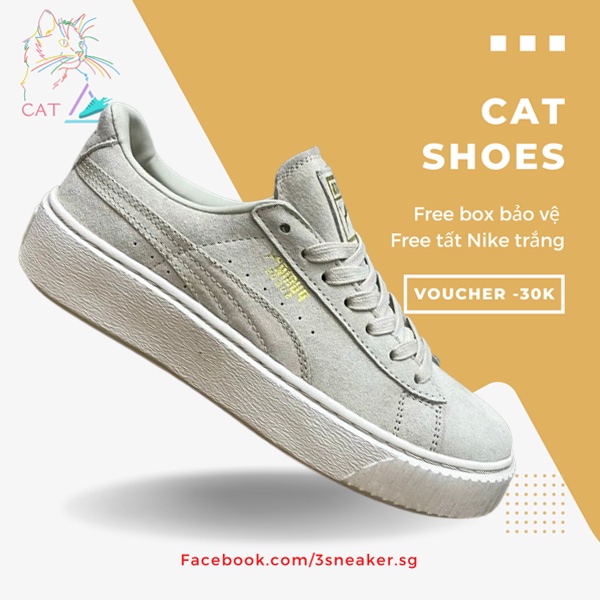 Giày Puma Wmns Suede Platform Gem, Puma Kem; Full Box, Phụ Kiện, Tặng Vớ Trắng