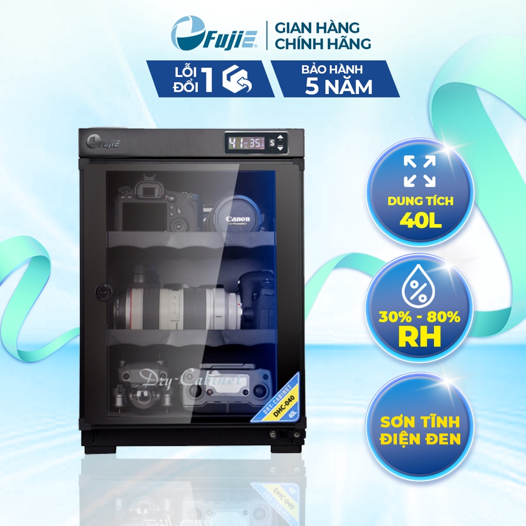 Tủ chống ẩm nhập khẩu Fujie DHC040 dung tích 40 lít tủ chống ẩm máy ảnh màn hình led hiển thị độ ẩm và nhiệt độ