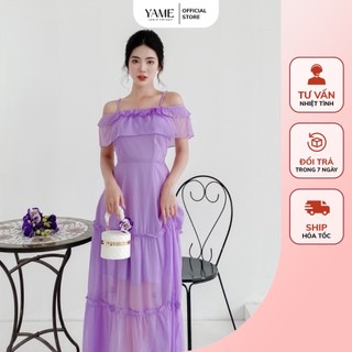 Váy maxi váy hai dây váy trễ vai dáng dài màu tím chất tơ óng cao cấp váy đi biển đi du lịch váy suông bigsize YAME