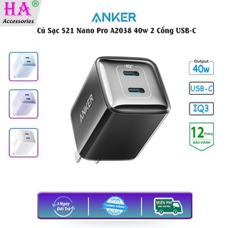 Củ sạc anker 512 nano pro 40w , 2 cổng usb-c hỗ trợ sạc nhanh 40w a2038