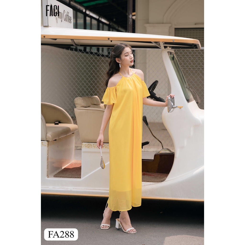 Đầm maxi nữ FACI Amanda dáng dài, tay trễ kèm dây nơ màu vàng nắng , tơ Ý sang chảnh mềm mại FA288