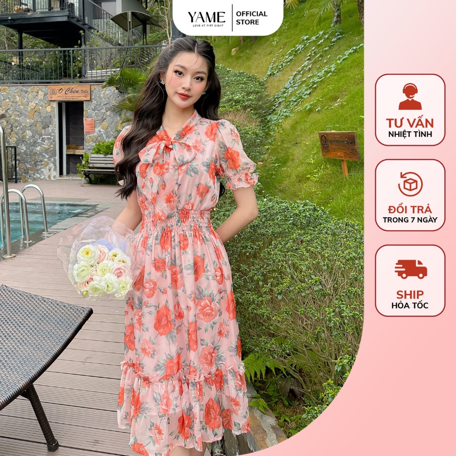 Váy hoa nữ ngắn tay dáng dài cổ nơ dài bo tay chun có lớp lót lụa màu xanh, cam, hồng Monocle YAME
