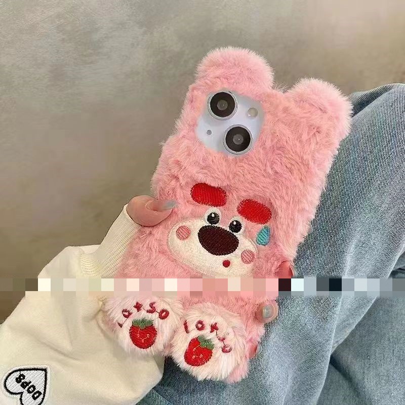 Ốp Điện Thoại Lông Xù Mềm Hình Gấu Dâu Tây Đáng Yêu Cho iPhone 14 12 11 13 Pro max  xs max 7 8 Plus