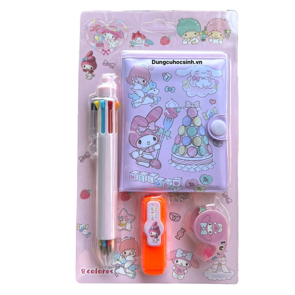 Set Sổ Nút A7 Kèm Bút 8 Màu, Dạ Quang, Stiker Dễ Thương