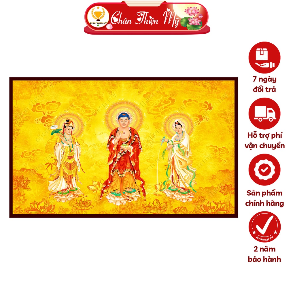 Hào Quang Phật Tây Phương Tam Thánh In Tranh Trúc Chỉ Ngang CHÂN THIỆN MỸ, Đèn Trang Trí Bàn Thờ,Treo Phòng Thờ TC-TN-95