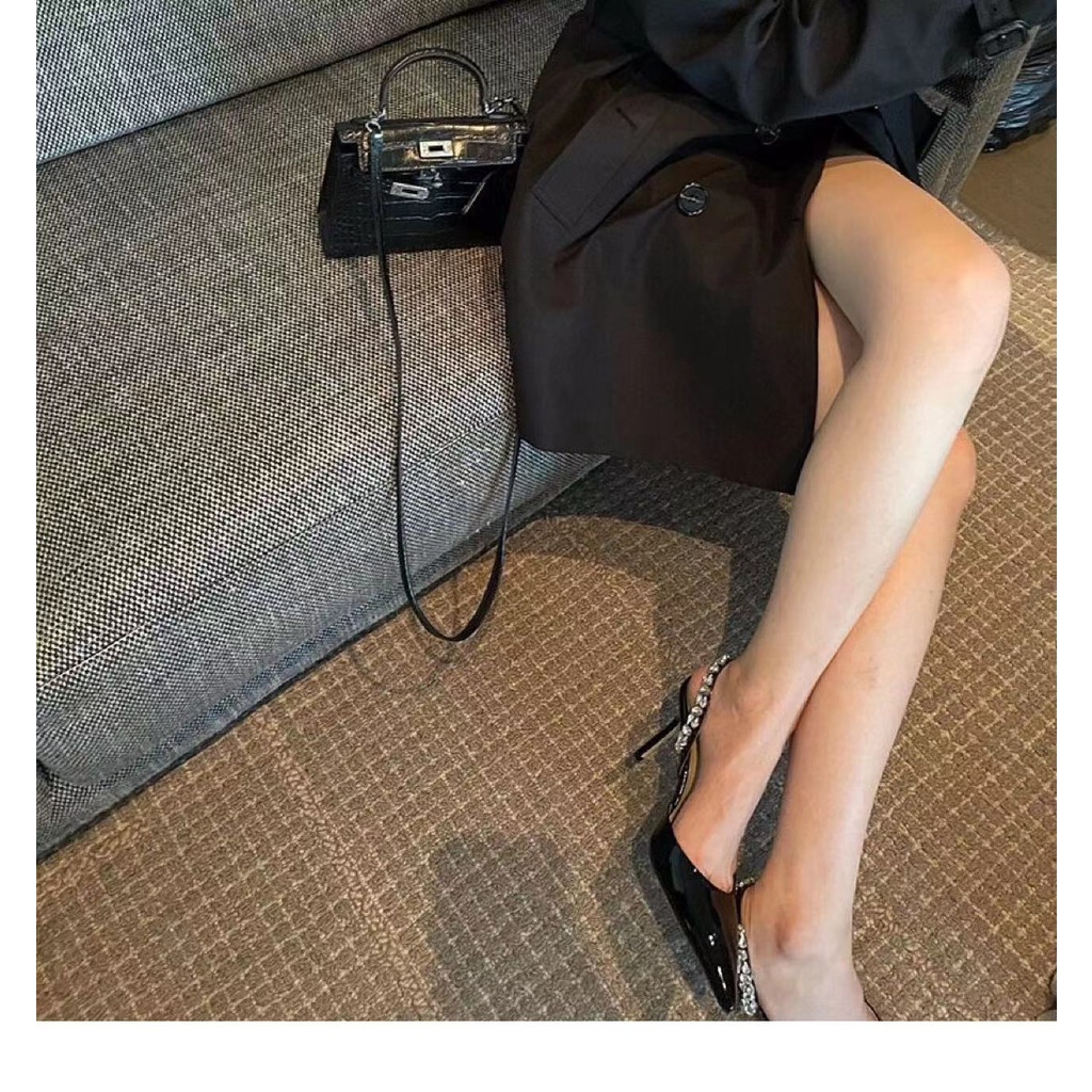 Giày cao gót mũi nhọn đính đá màu trắng thời trang xuân hè pháp 2022 cho nữ