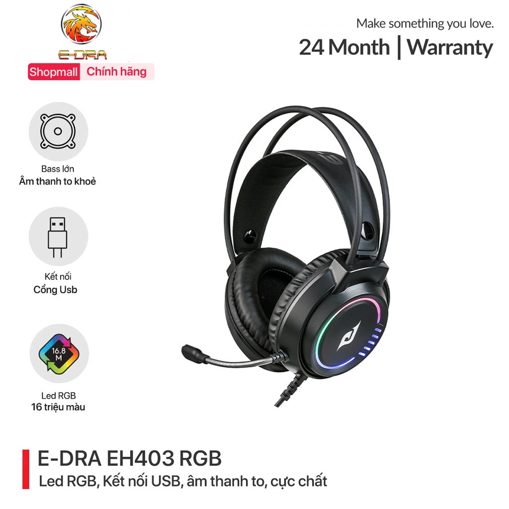 Tai nghe chụp tai chơi game có mic E-dra EH403 - Bass to - Led RGB - Kết nối Usb