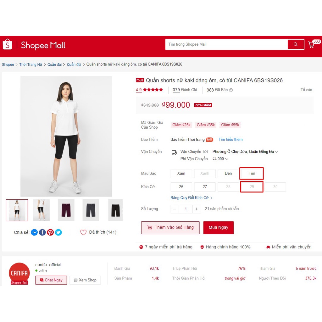 Quần shorts nữ kaki dáng ôm, có túi CANIFA 6BS19S026