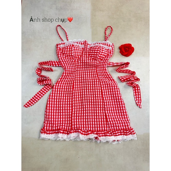 Set Đầm Cúp Khuôn Ngực Caro Sọc Viền Ren Kèm Quần Short Đùi Cùng Tone