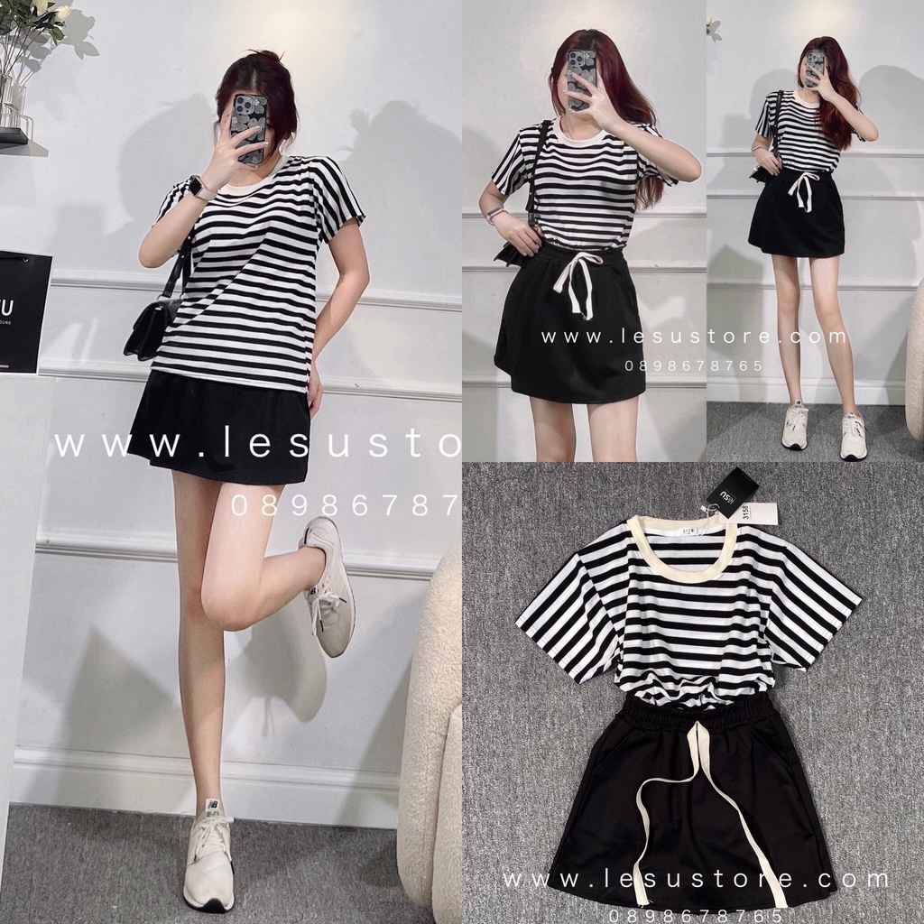 ẢNH TỰ CHỤP Set Thun dệt kim kẻ ngang & Short giả váy