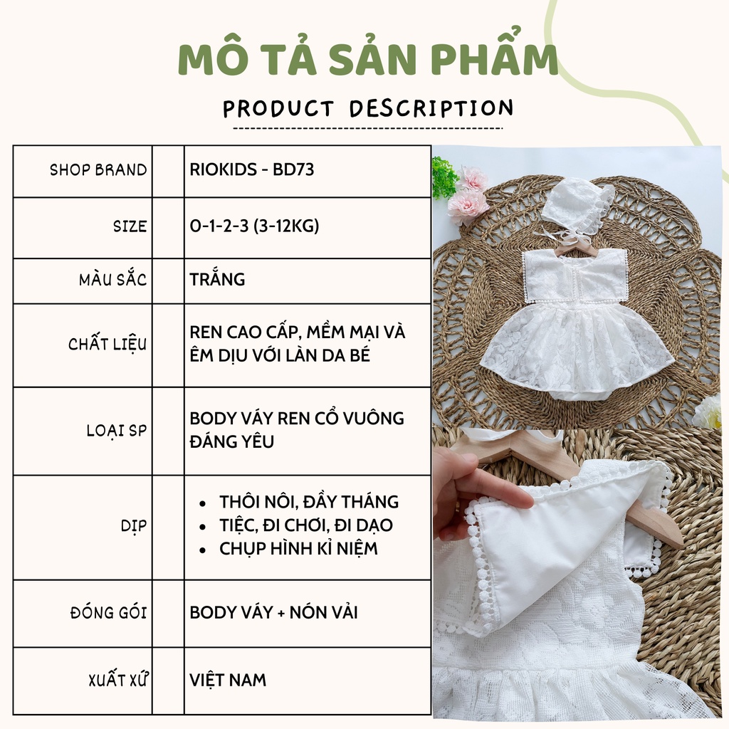 Body váy công chúa cho bé gái sơ sinh RIOKIDS, quần áo đầy tháng, thôi nôi ren hoa trắng BD73