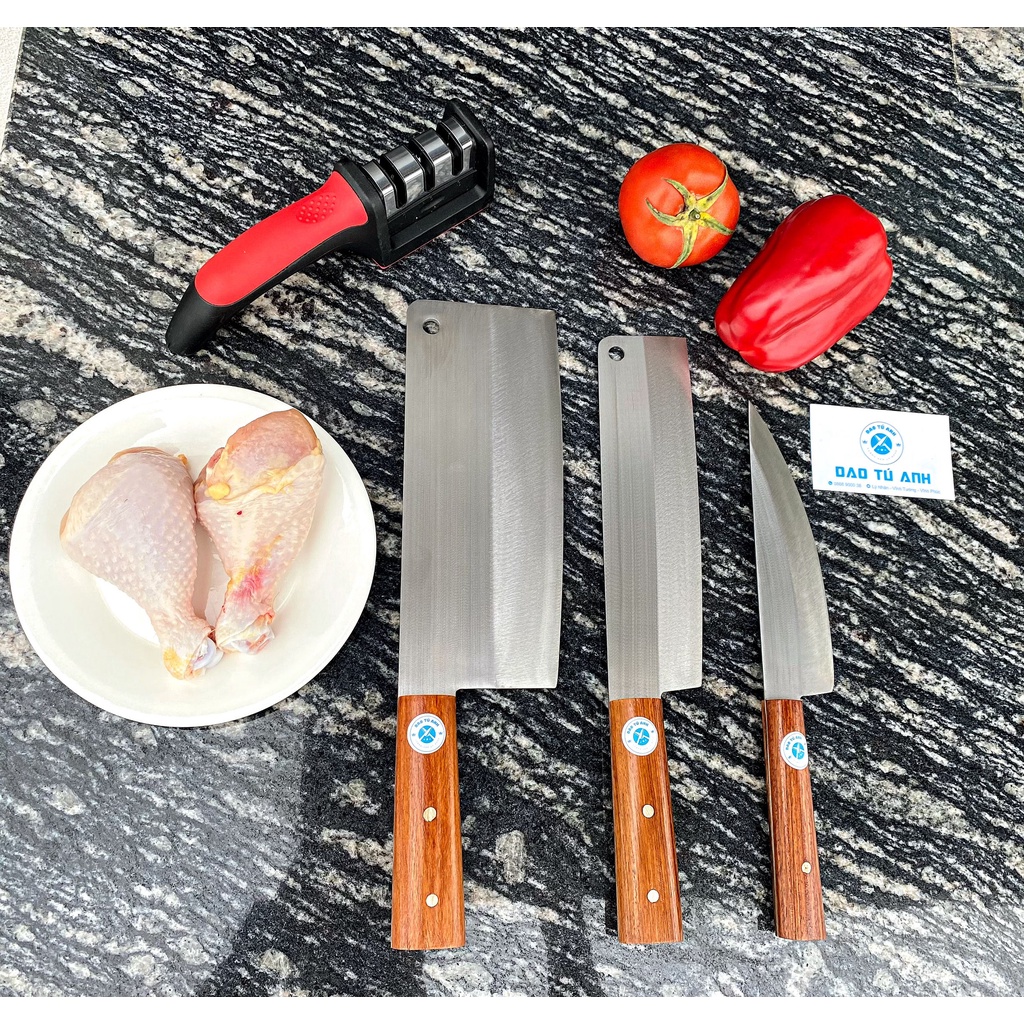 ❤️ Dao Tú Anh - Bộ 3 dao thép trắng làm bếp chống han gỉ chuôi gỗ hương đá tặng kèm mài dao thông minh