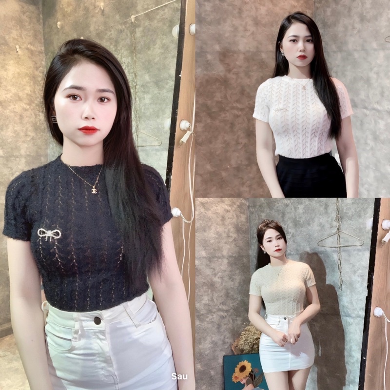 Áo ren cổ tròn kèm tang nơ ( Ảnh thật shop chụp)