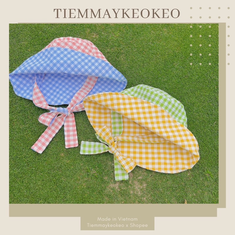 Mũ nón vành rộng thiết kế TIEMMAYKEOKEO mũ bucket vải caro mềm mại hai mặt kèm dây nơ tháo rời cho nữ