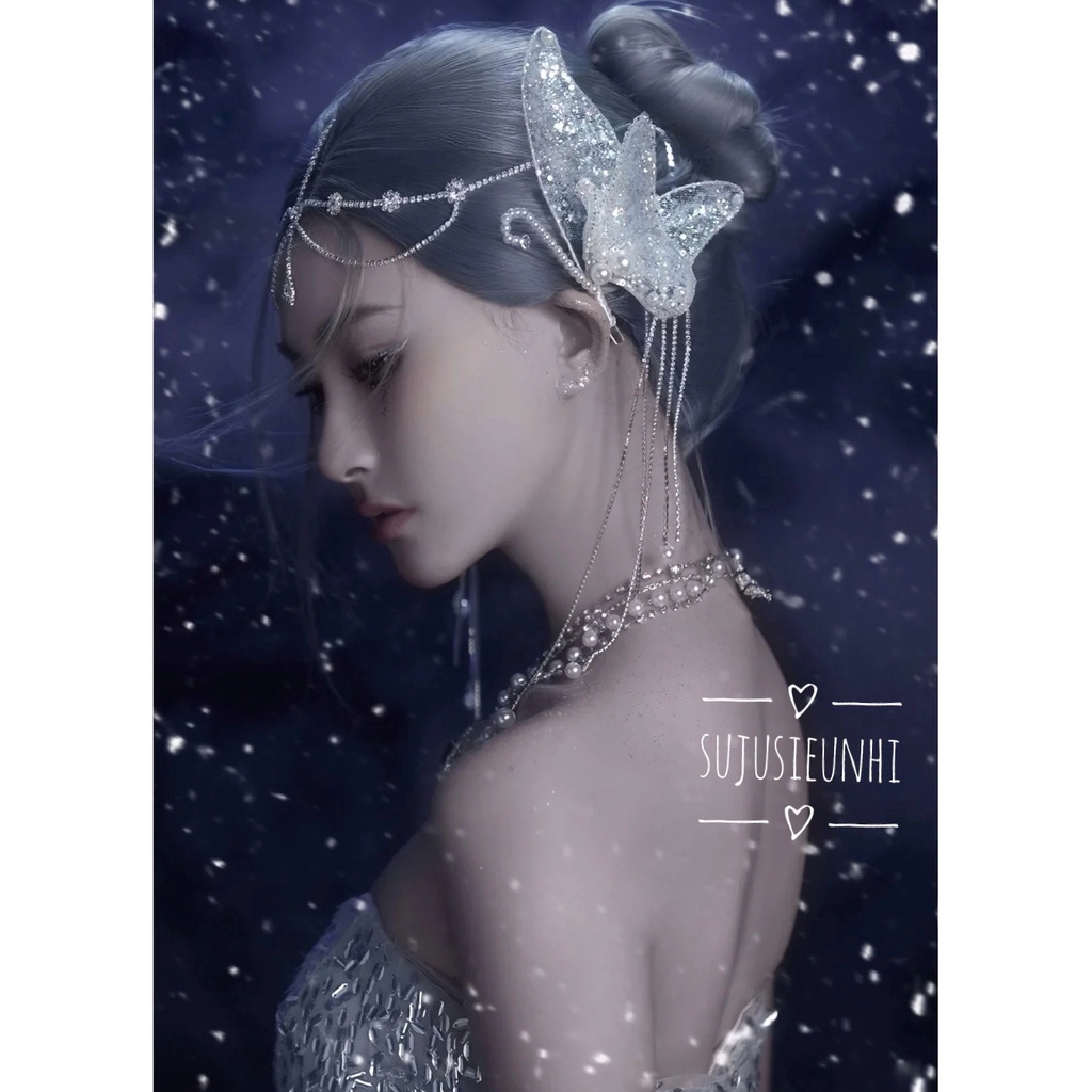 kẹp tóc hanmade hình cánh thiên thần bướm vải lưới đính đá dây tua rua chụp ảnh, dành cho cô dâu