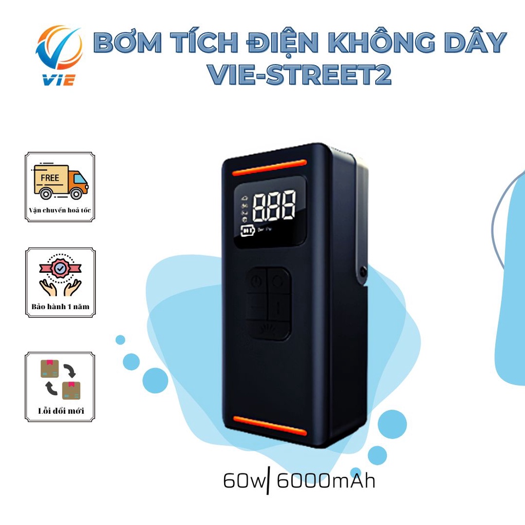 Bơm hơi điện không dây cầm tay cao cấp Vie Stress2 60W ,Pin 6000Mah Tích Hợp sạc dự phòng, Đèn Pin Soi Sáng