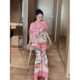 Bộ ngủ nữ lụa xước tiểu thư cao cấp Cemos, Đồ ngủ mặc ở nhà CAO CẤP Cemos, Bộ lụa satin Cao cấp