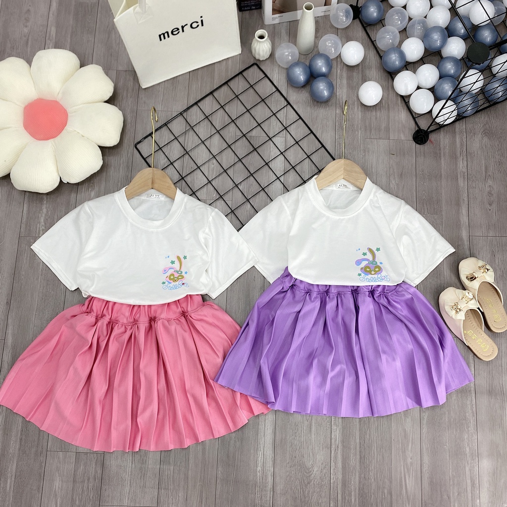 Set 2 món áo mix chân váy "HOA" xếp li 18-48kg xinh xắn cho bé gái 4-14 tuổi. Phong cách Hàn Quốc. STG64