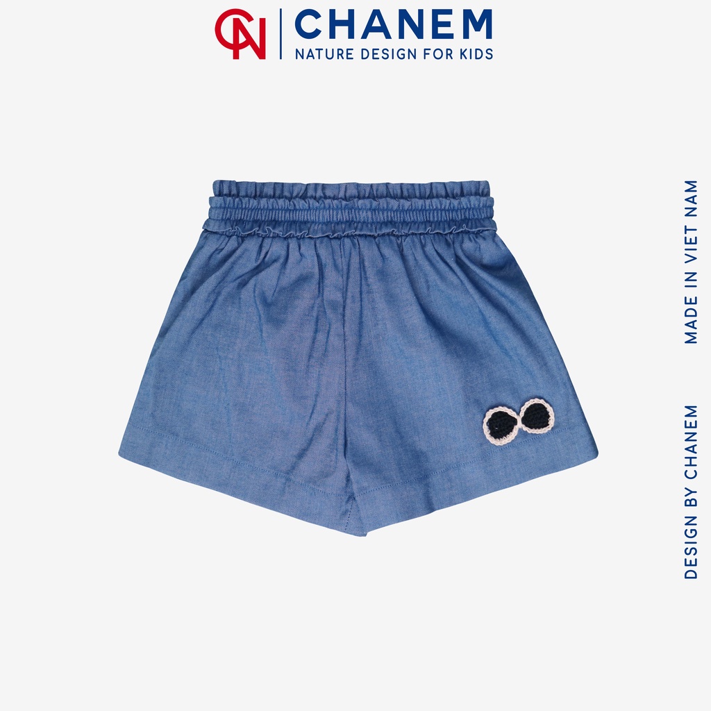 Quần đùi bé gái CHANEM SHINY cạp chun bèo phối hoạ tiết nơ móc thủ công, chất vải Denim mềm mại, quần ngắn mặc thoải mái