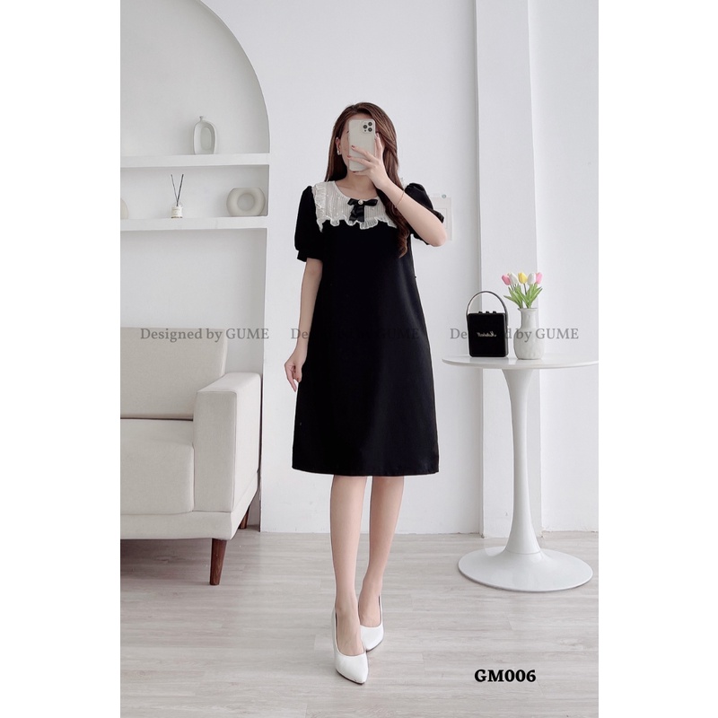 Váy bầu bigsize thiết kế công sở GuMe dáng chữ A phối cổ yếm nơ đen chất vải sạn lụa cao cấp dày dặn 40-100kg GM006