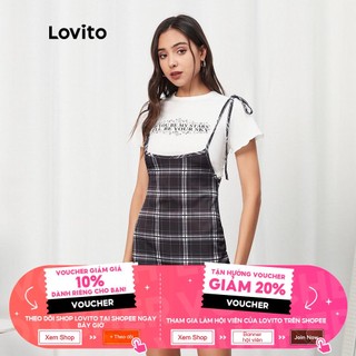 Đầm ca rô xẻ tà Lovito L07099 (đen)