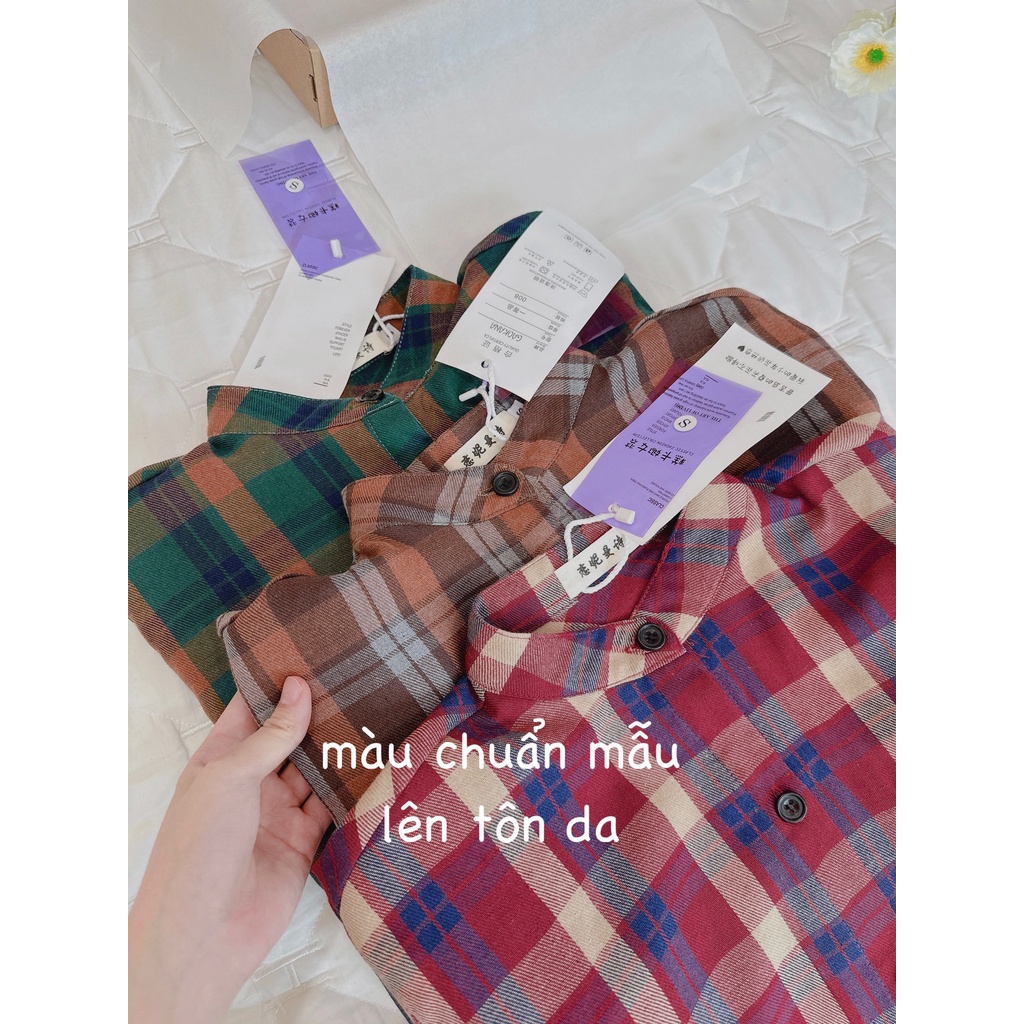 Váy sơmi cổ tàu dáng dài xẻ vạt ,đầm kẻ thô lien mềm đẹp mát mẻ nịnh da-Minxy shop