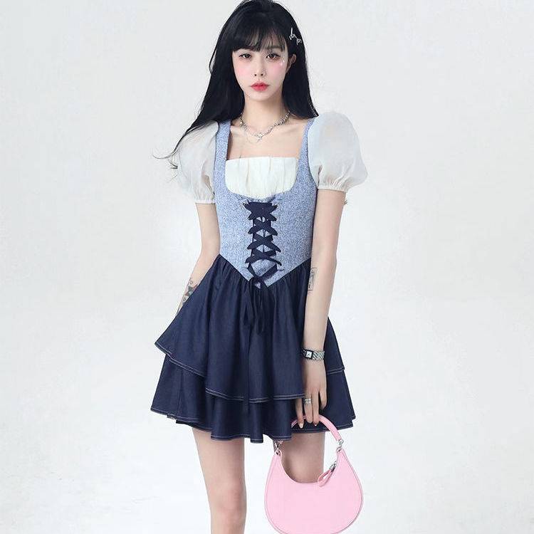 Váy babydoll đâm babydoll đâm du tiec Đầm Ngắn Cổ Vuông Tay Phồng Giả Hai Lớp Thời Trang Mùa Hè Cho Nữ