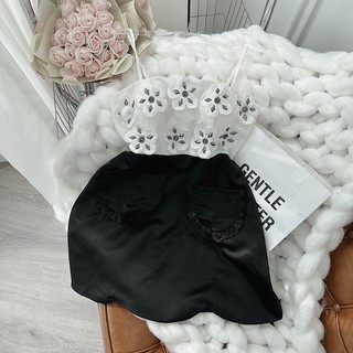 ĐẦM 2 DÂY KẾT HOA PHỐI ĐEN TRẮNG 🤍