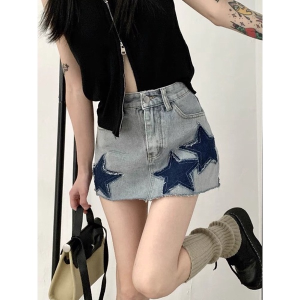 Váy denim vá ngôi sao cổ điển cho nữ mùa hè mới phiên bản Hàn Quốc của cô gái nóng bỏng eo cao váy chữ A Thời Trang Nữ