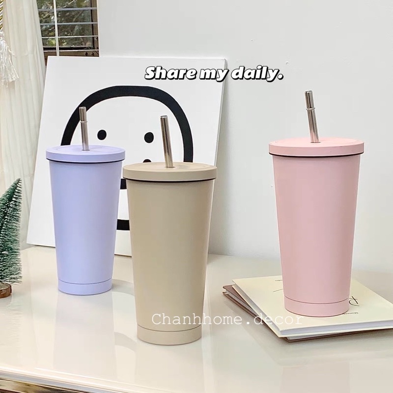 Ly cốc giữ nhiệt Pastel Basic, bình nước cao cấp 500ml inox 304, tặng ống hút + cọ rửa ống hút