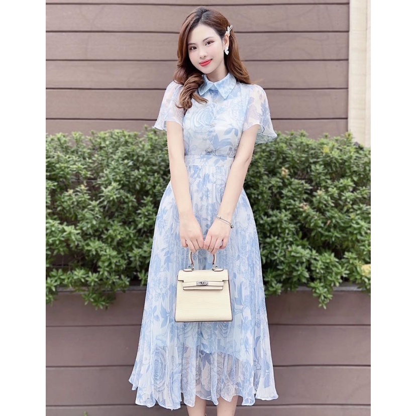 Đầm thiết kế dáng dài tơ hoa tay loe cổ sơ mi sang chảnh