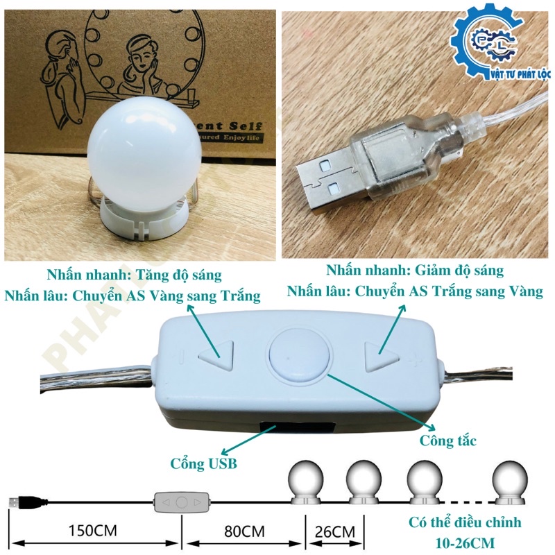 Bộ 10 Bóng Đèn Led Gắn Gương Bàn Trang Điểm, Dán Trang Trí Gương SF602-SF606 - Tăng Giảm Ánh Sáng 5 Chế Độ - Cải tiến