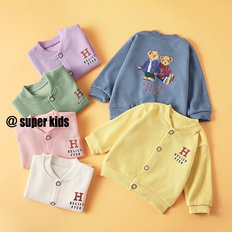 SUPER KIDS Áo Khoác sweater Dệt Kim Cổ Tròn In Hình Gấu Dễ Thương Thời Trang Xuân Thu Cho Bé