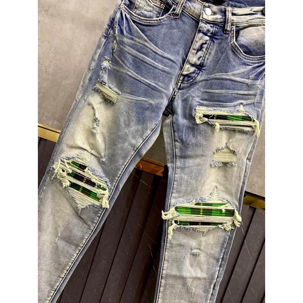 ⚡️[Hight Quality] - Quần Bò Amiri - Jeans Amiri Đen Vá Trắng ( Vá Da  ) Dáng Biker - Hàng Loại 1 Chất Liệu Jean Cao Cấp