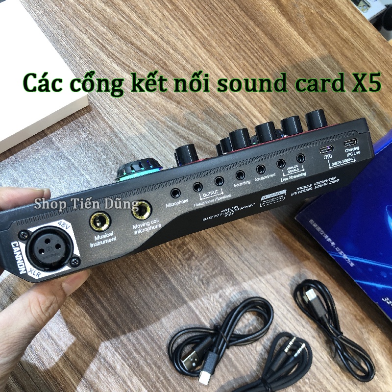 Bộ sound card X5 đời mới 2023 hỗ trợ nguồn 48v và 5v có bluetooth, Auto-tune, pin, dây livestream, chế độ và hiệu ứng