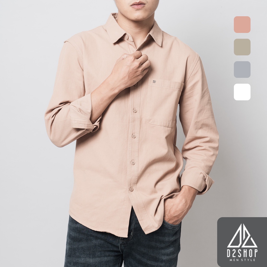 Áo sơ mi nam D2shop, áo sơ mi nam dài tay, vải xéo dày, đắp túi #, màu hồng [SM-2135]