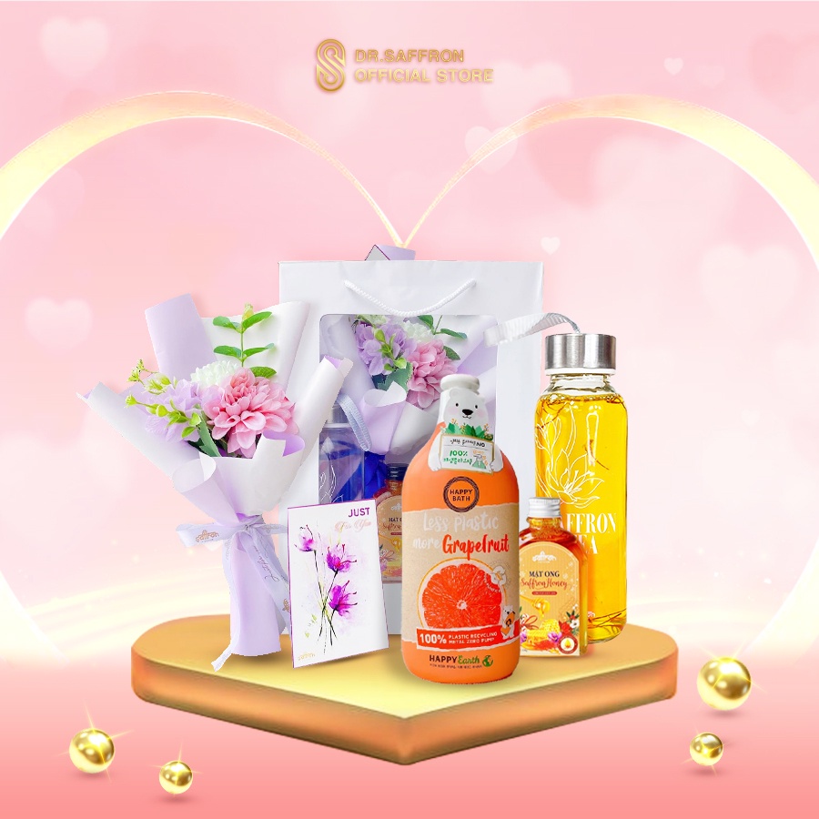 Set quà tặng mẹ, vợ có Saffron ngâm mật ong tặng sữa tắm, bình nước và túi hoa lụa