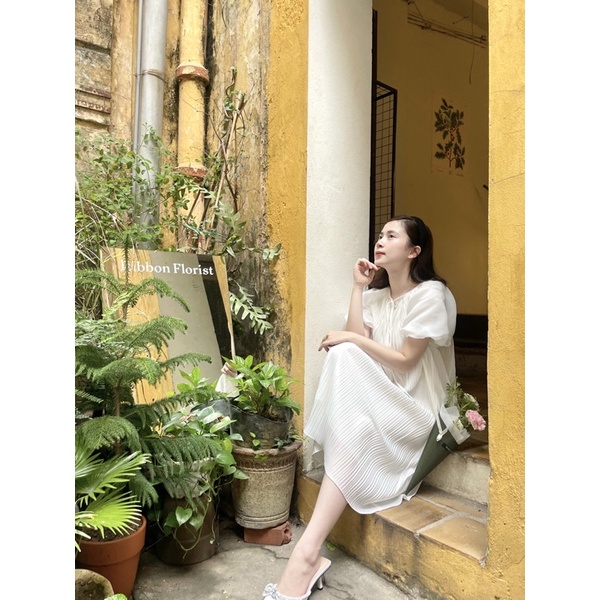 (Ảnh thật) Váy xếp ly tay bồng