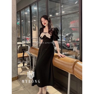 Váy Thiết Kế Cổ Vuông Đính Nơ Ngực Dáng Xòe Dài Tôn Dáng Thanh Lịch Đi Làm Công Sở, Đi Học, Đi Chơi