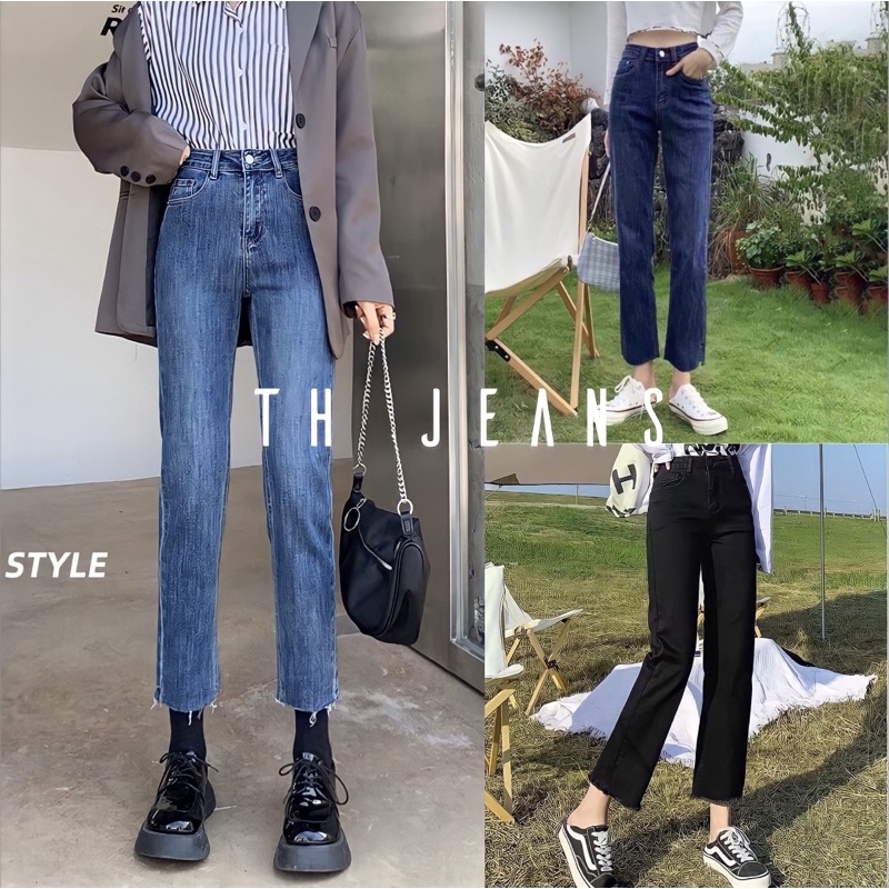 Quần bò jeans nữ ống đứng co dãn 4 chiều cạp cao TH Jeans