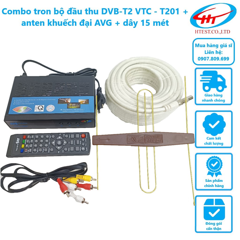 Đầu thu truyền hình số mặt đất DVB T2 VTC T201 tặng anten khuếch đại chính hãng AVG kèm dây 15m chính hãng AVG.
