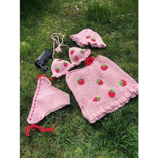 Set bikini dâu tây len handmade-quần áo thời trand đi biển