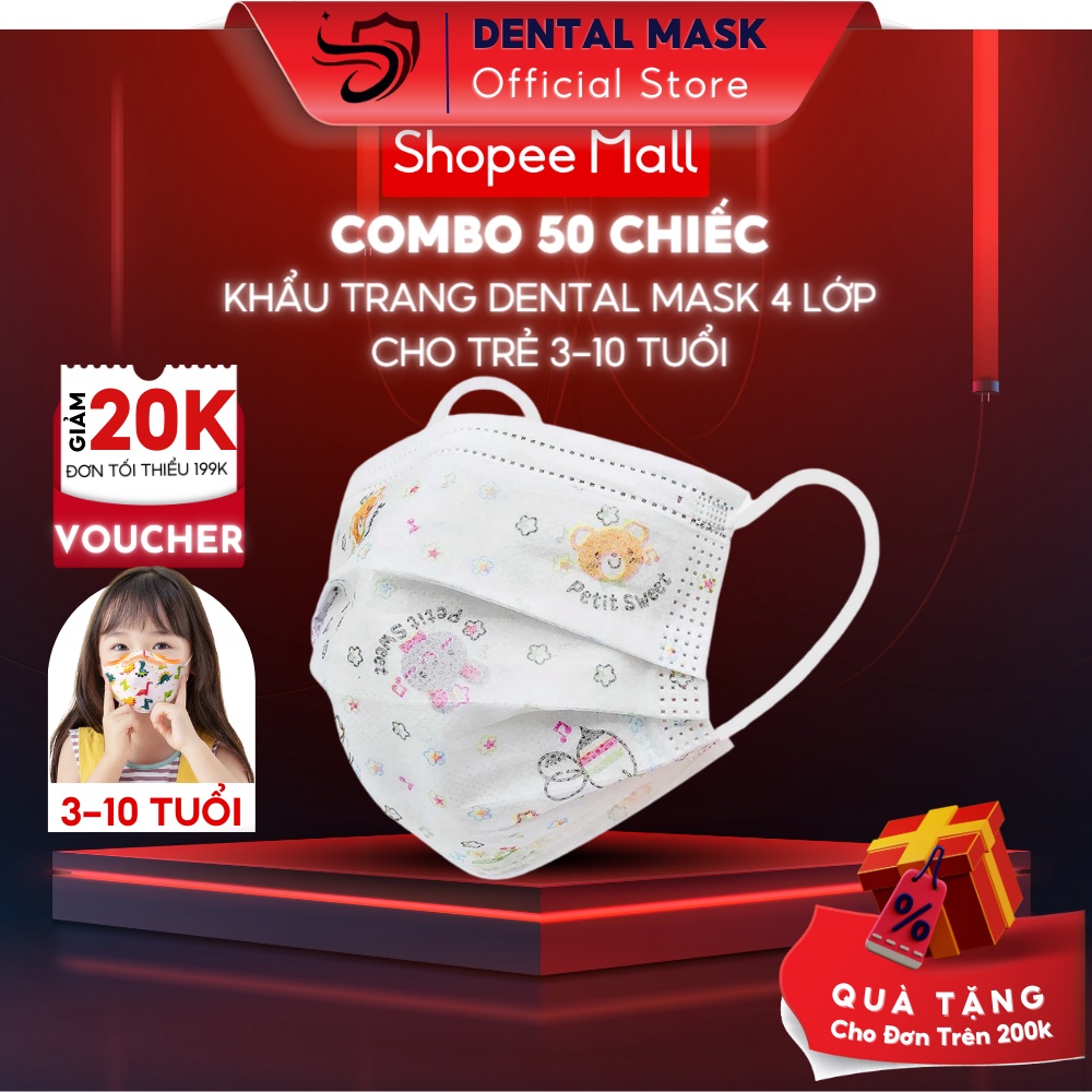 Khẩu trang y tế Dental Mask (Hộp 50 chiếc) cho trẻ từ 3 đến 10 tuổi 4 lớp chống nắng tia UV họa tiết hoạt hình dễ thương