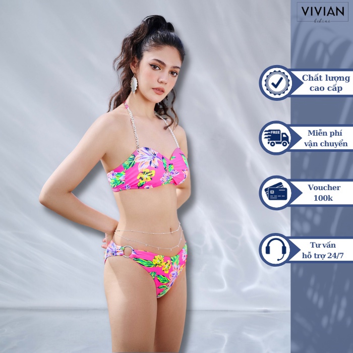 Đồ bơi nữ cao cấp 𝐕𝐈𝐕𝐈𝐀𝐍 dạng hai mảnh may lộn phối dây xích bạc - Hồng - VS171_PK