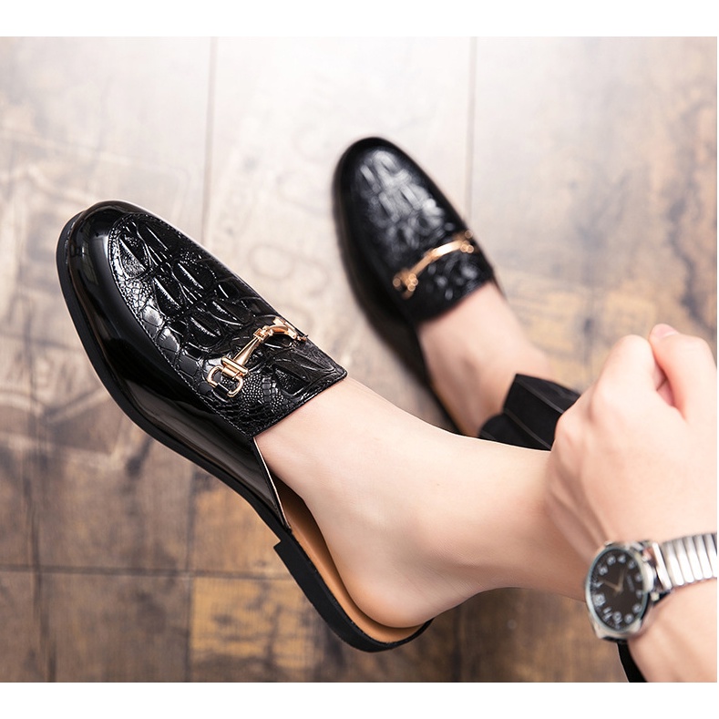 Sục nam vân cá sấu,Sục nam thời trang,Giầy sục hở gót da bò đế cao 3,5cm