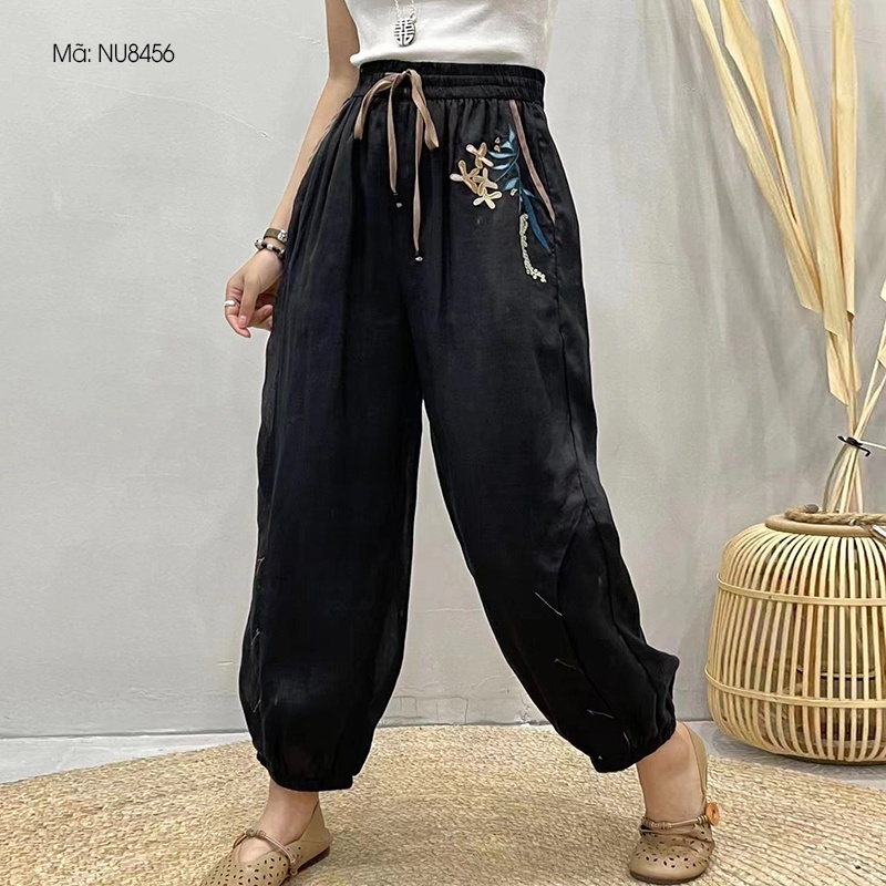 Quần baggy linen KAMAKA lưng thun thêu hoa hoa lá ống túm - NU8455