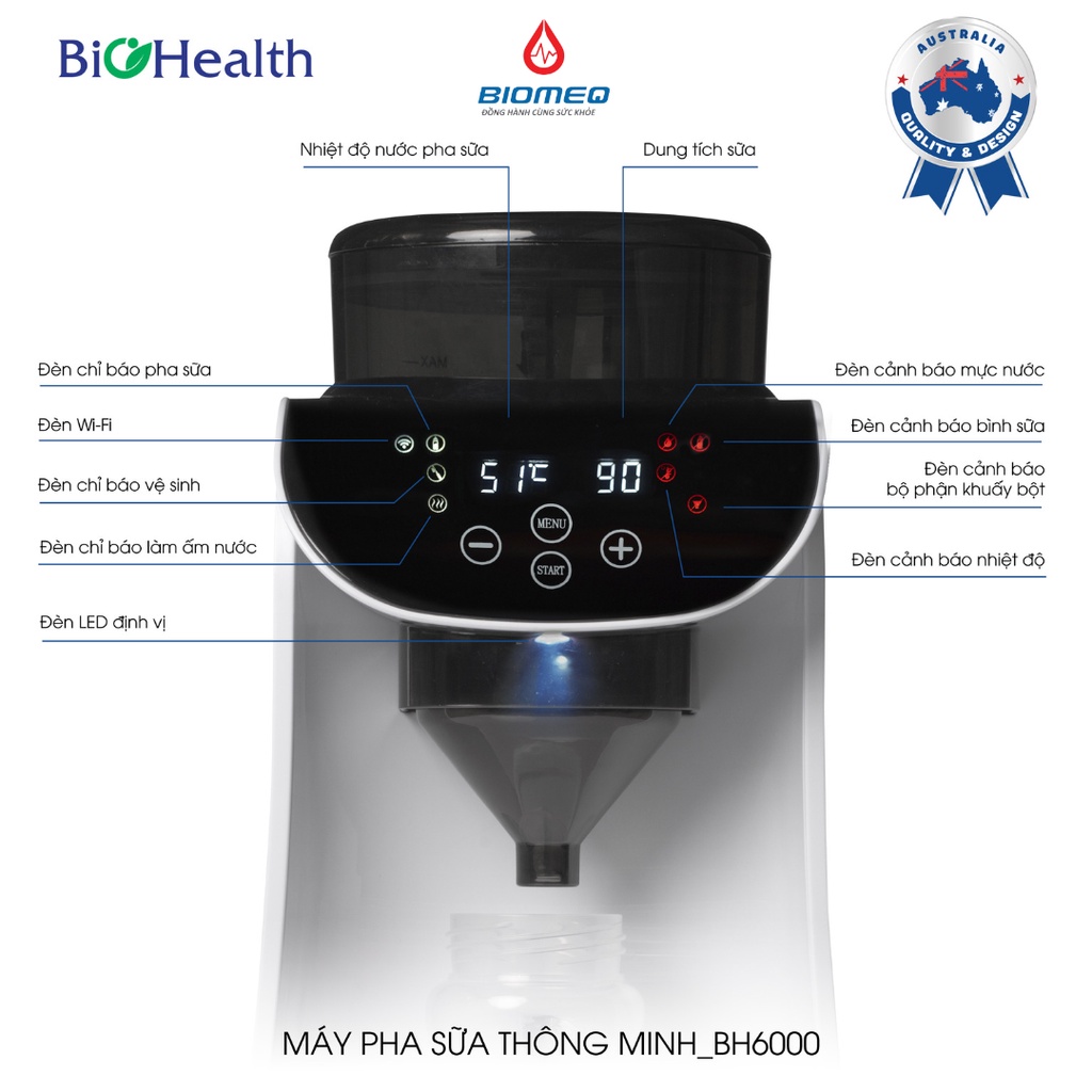 Máy pha sữa bột tự động Biohealth BH6000 pha nhanh chỉ 10s, không vón cục, có app ĐT điều khiển từ xa
