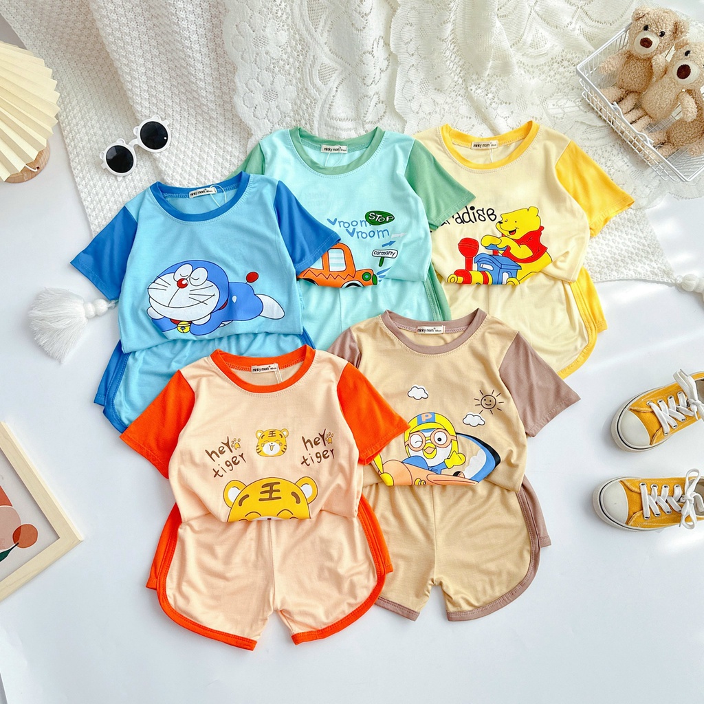 Bộ Ngắn Tay THUN LẠNH MINKY MOM In Thân Áo Trắng, Phối Viên, Quần Trơn Cho Bé 7-26KG