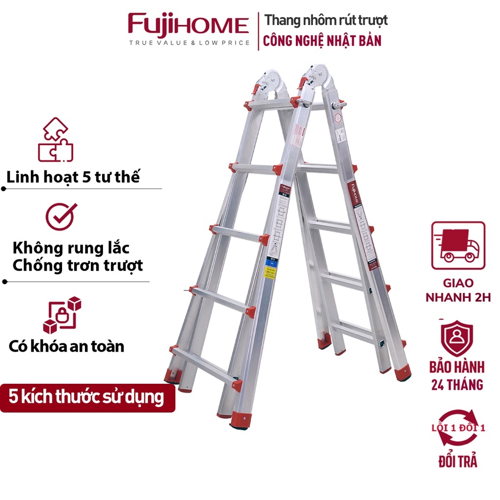 Thang nhôm gấp rút 4 đoạn 4M- 5.1M đa năng nhập khẩu FUJIHOME chính hãng khóa an toàn chân chống trơn trượt