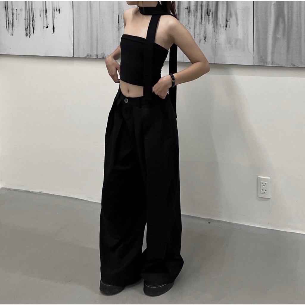 Quần tây nữ ống rộng suông dài tôn dáng - Best Seller là min - DOUBLE PLEATED WIDE TROUSERS - BLACK / WHITE